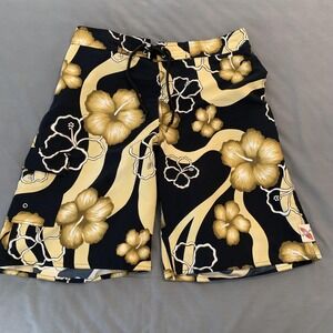 Hi Surf Board Shorts Mens 34 Black Hawaiian Floral Swim Trunks Drawstring Pocket